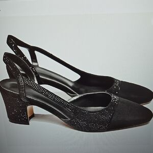 LEHOOR Elegant Black Rhinestone Slingback Block Heel Cap Toe slip on sz 7.5 NEW